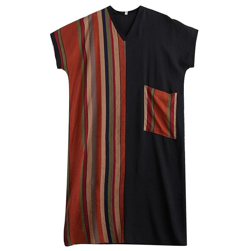 The Real Shot Is Summer Fat Mm Thin Cotton and Linen To Cover The Belly Thinness V-neck Short-sleeved Contrasting Color Splicing Black Long Dress.
