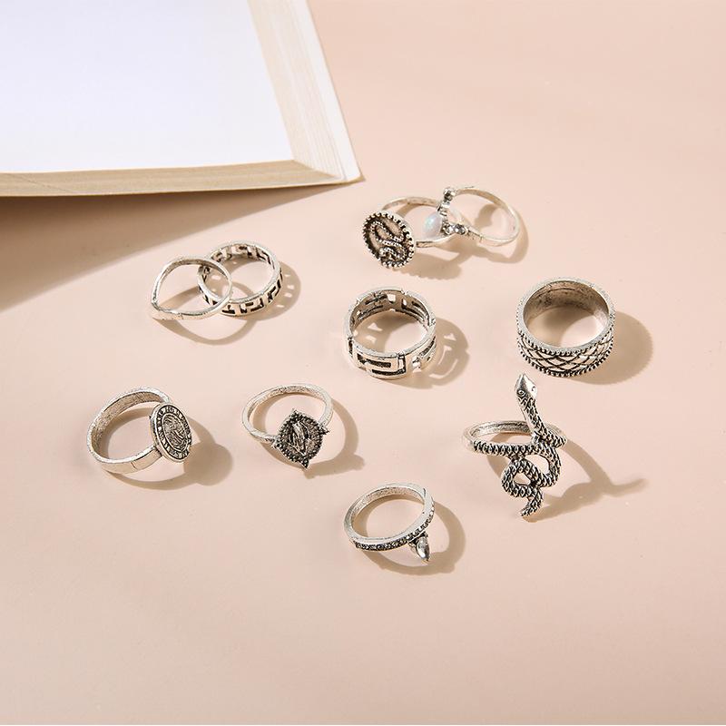 Retro Fashion Personality Exaggerated Engraving Buddha Statue Diamond Snake 10-Piece Ring