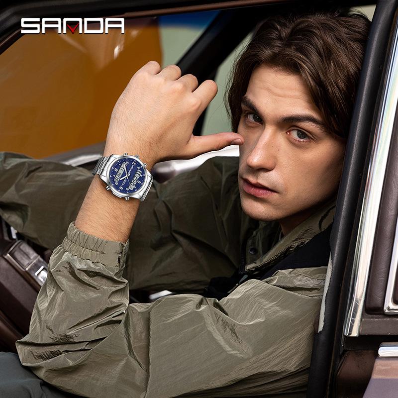 Sanda Waterproof Teen Boys' Sports Watch: Multifunctional Alarm, Three-Time Zone, Dual Display.