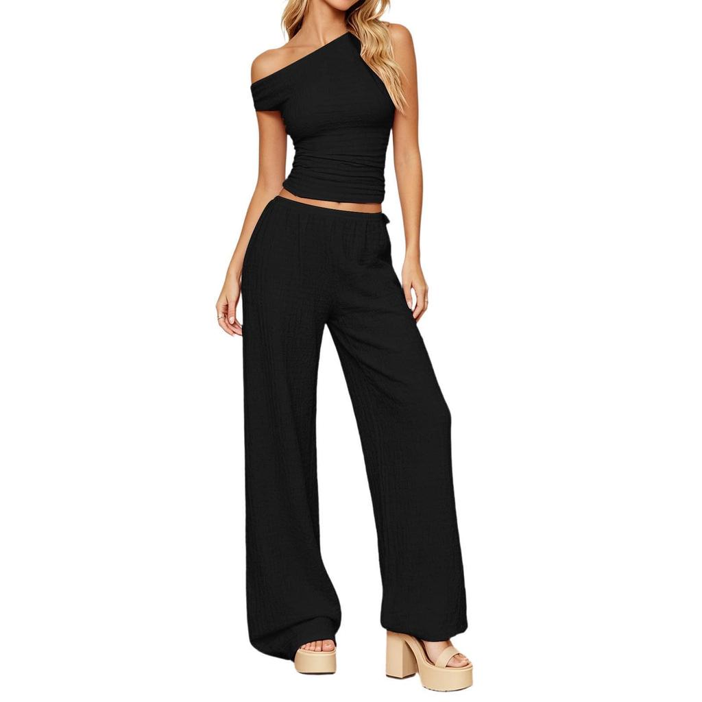 Damen Sommer Zweiteiler Ein Schulter Kurzarm Top Hohe Taille Weite Hosen Freizeit Outfit