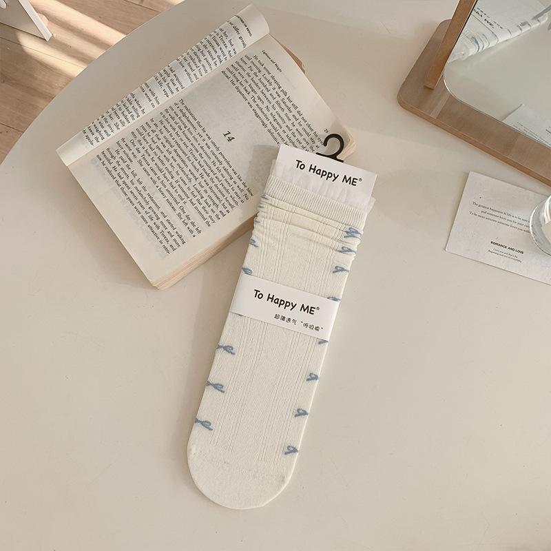 Female Spring and Summer Thin Floral Bow Lace Polka Dot Boneless Tube Pile Socks