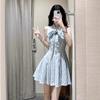 Blue sleeveless neck plaid dress women's summer new small French sweet pleated short skirt