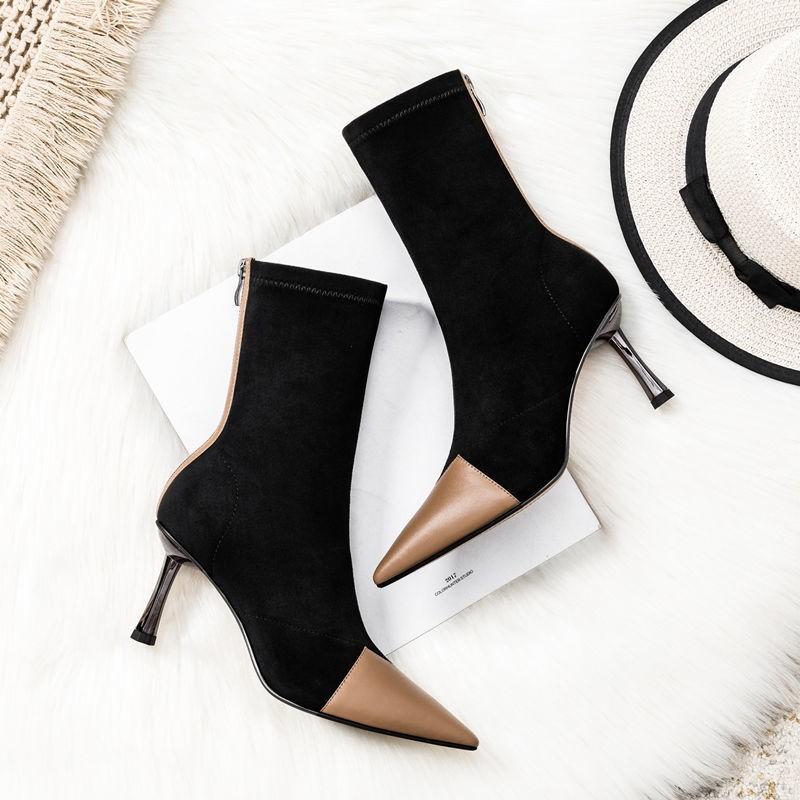 Cizme cu tocuri înalte ascuțite pentru femei, toamnă și iarnă, cizme șosete cu toc fin 2023, cizme elastice, slabe, la jumătatea gambei, cizme scurte pentru femei