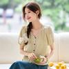 1116 Summer New French V-neck Temperament Cotton and Linen Short-sleeved T-shirt Women's Design Sense Super Good-looking Drawstring Cotton and Linen 