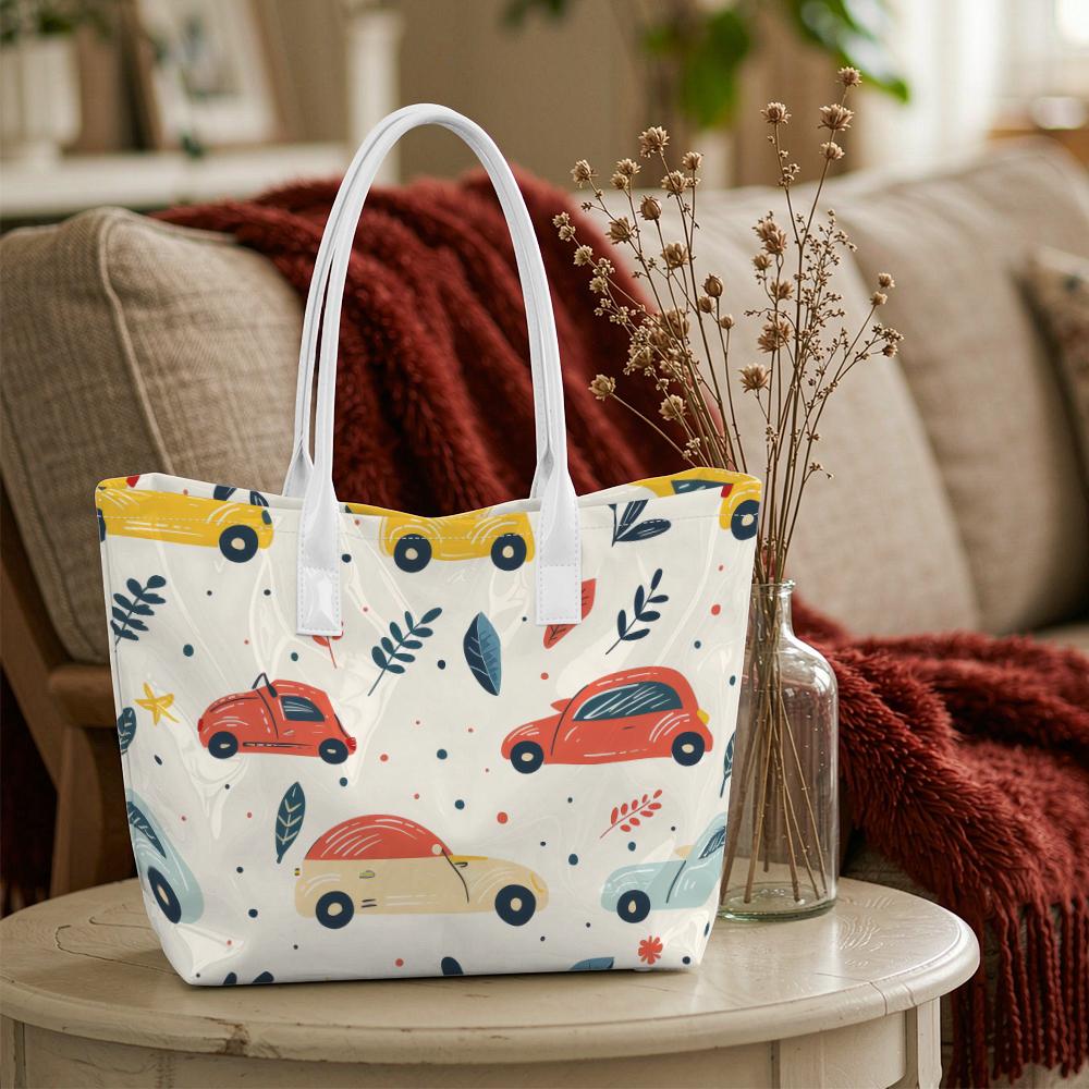 Cute Cartoon Car Printed Large Tote Bag Lightweight Casual Daily Use Portable Trendy Handbag