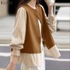 ZANZEA Women Casual Round Neck Splice Long Sleeve Loose Blouse