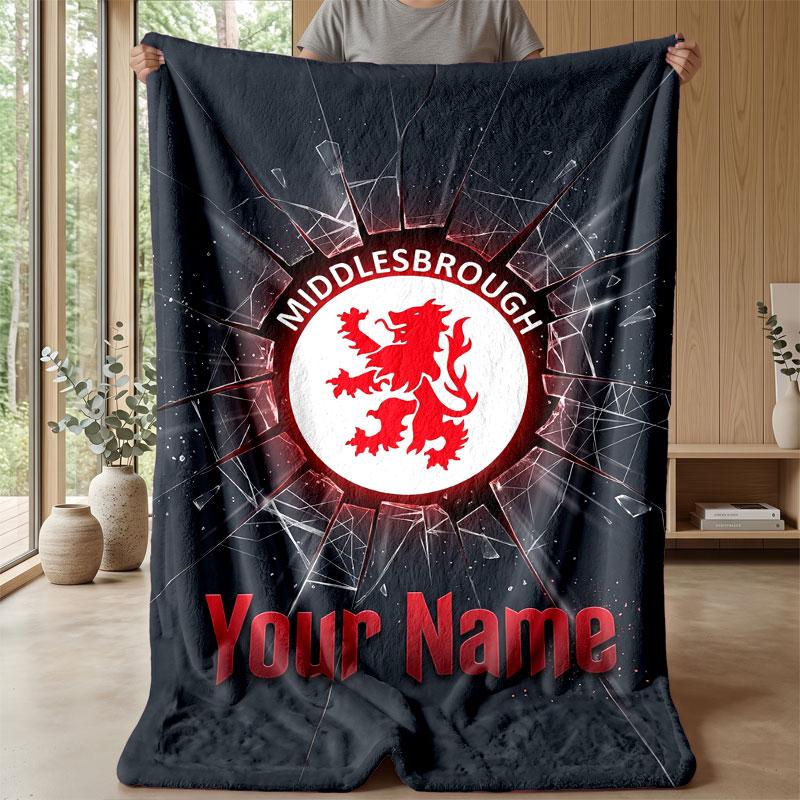 Middlesbrough FC Custom Name Text Flannel Blanket Soccer Logo Personalized Fleece Throw Blanket Special Gift For Sofa Bedroom Home