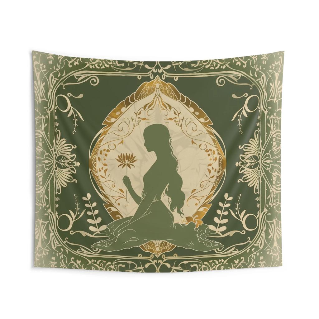 VIKAMA Forest Green Art Nouveau Style Goddess Tapestry Morandi Flower Frame Background Cloth Meditation Room Decoration