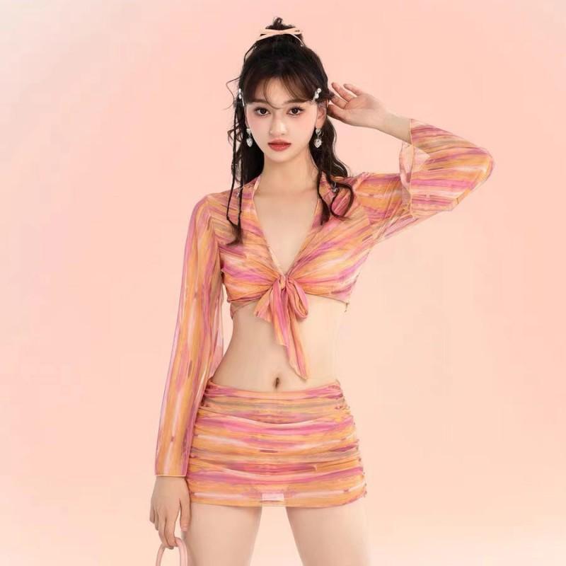 

Bikini Swimsuit Women s Split Four-piece Suit Long-sleeved Sunblock Fashionable Stripe Sexy Vacation Hot L