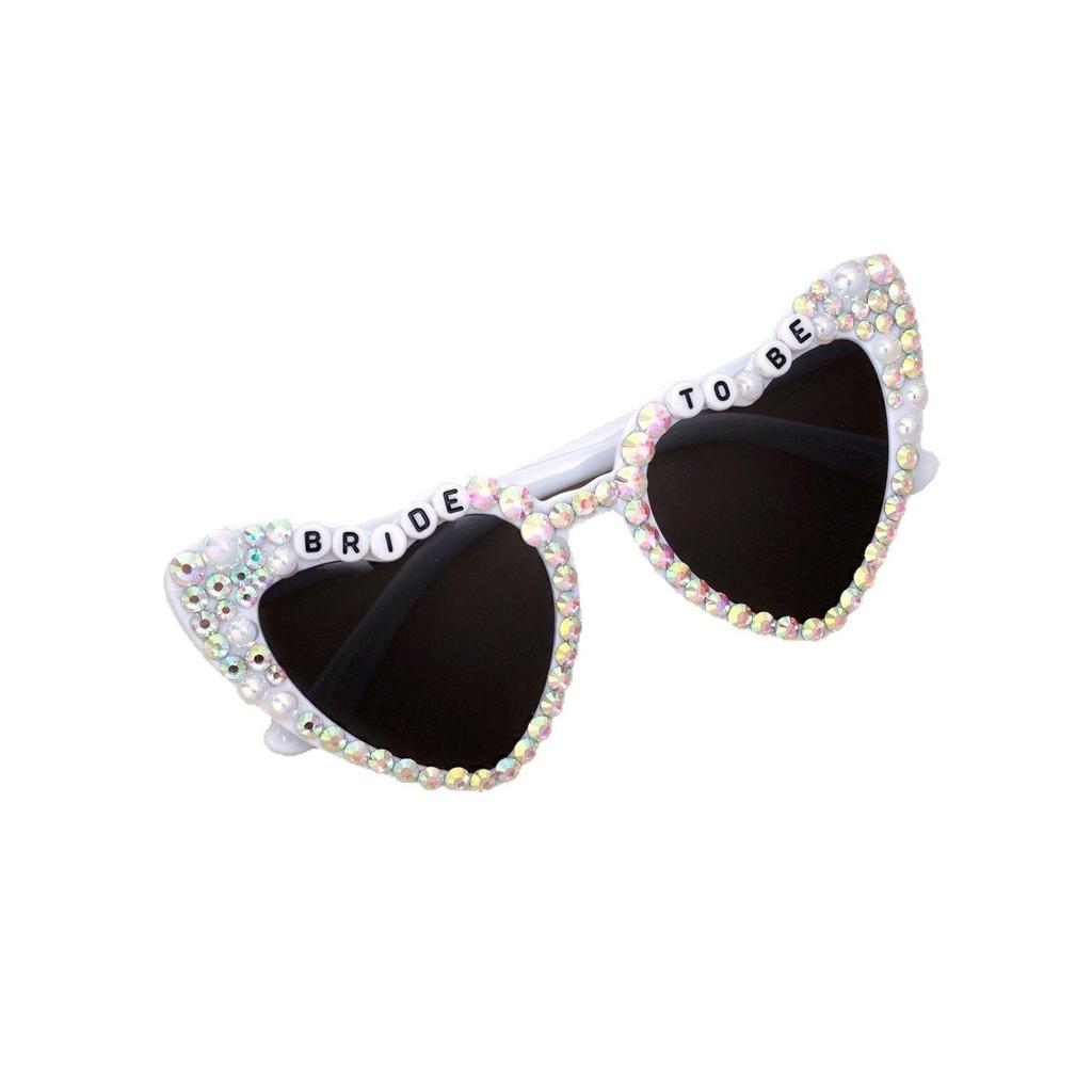 Heart-shaped Rhinestone Wedding Sunglasses for Bride - Pearl Bridal Party Glasses (White)