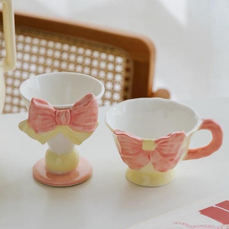 Schleifen Unterglasierte Keramik Kaffeetassen Schöne Handgemachte Porzellan Tee Milch Tassen Geschirr Einzigartig Handbemalt Rosa Gelb