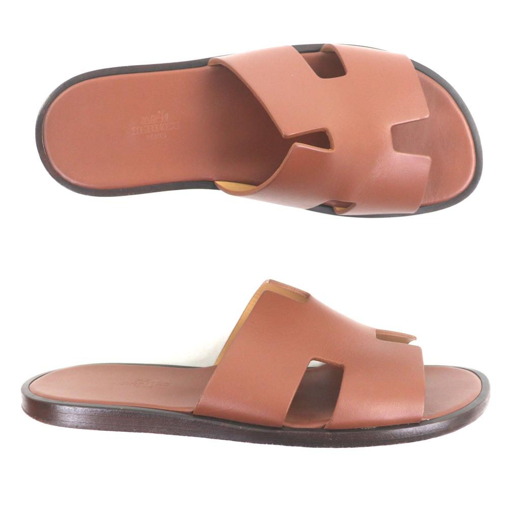 Great HERMES Sandals Izmir H Logo Slide Brown Leather Mens 41 Used