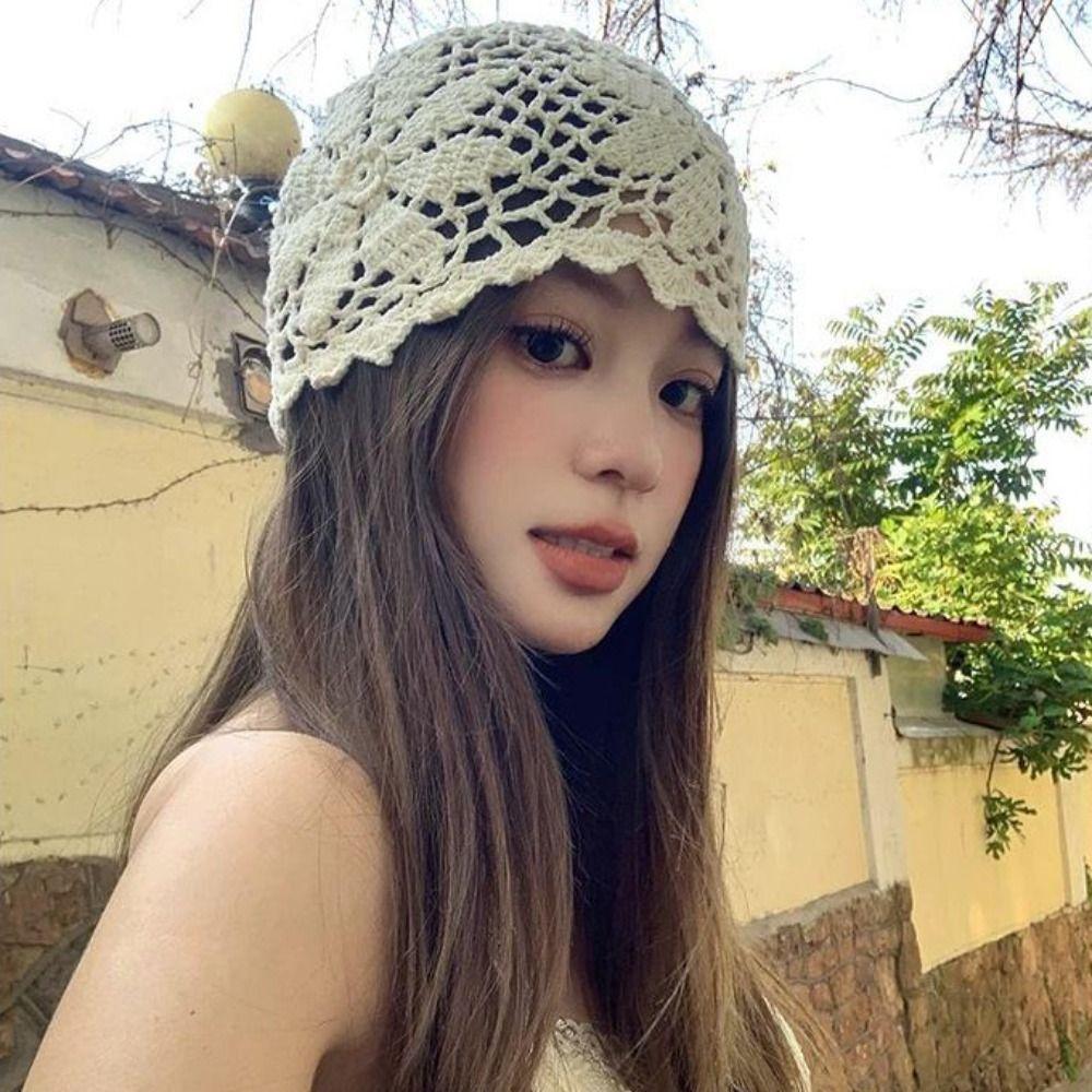 Handmade Beanies Hat Bohemian Style Hollow Out Knitted Hat Cute Weave Cap  Spring and Summer