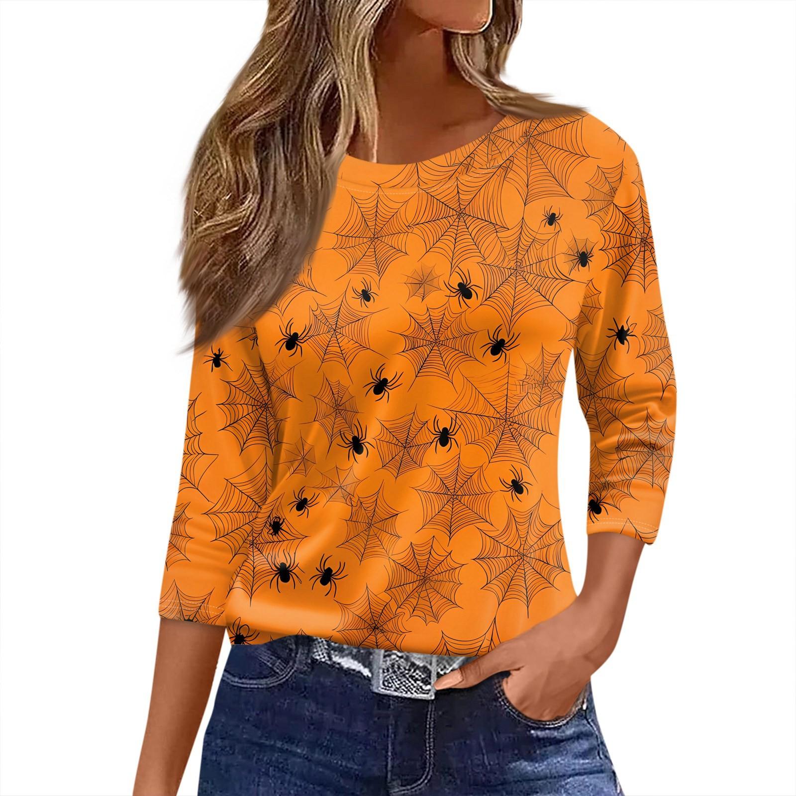 

Женская футболка с принтом на Хэллоуин, рукав 3/4, повседневная мода, базовая, с круглым вырезом, обычный топ S оранжевый