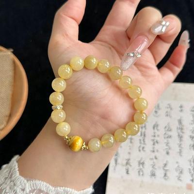Golden Rutilated Quartz & Tiger Eye Women's Bracelet - Yellow Crystal Beaded Jewelry