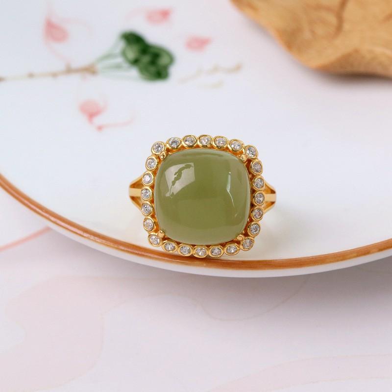 Adjustable Square Geometric Ring Women Men Copper Plated Gold With Jadeite White Jade Minimalist Vintage Style