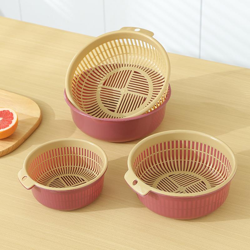 Vegetable Basin Plastic Double-Layer Drain Basket Leaky Basin Rice Vegetable Blue Vegetable Basin Household Kitchen Fruit Plate