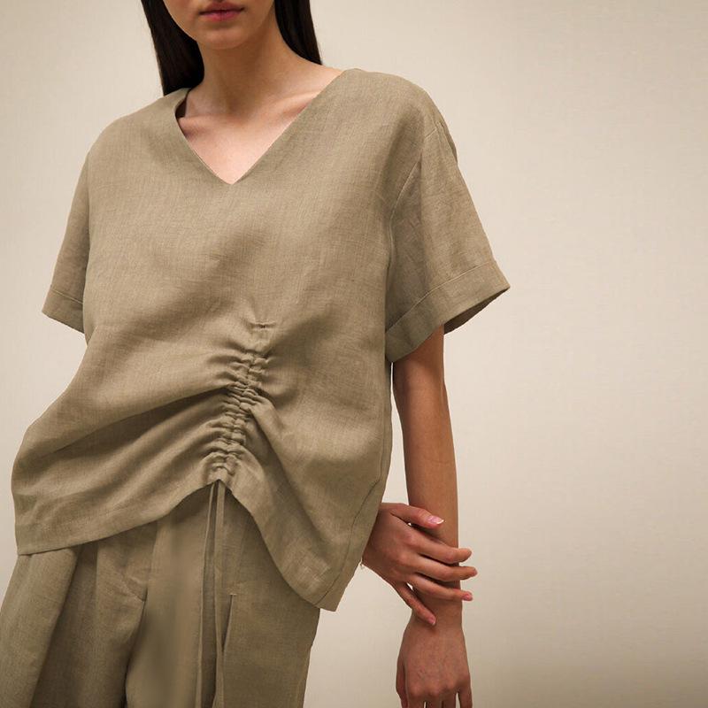 

Women s 100% Linen V-Neck Short Sleeve Drawstring Hem T-Shirt - Summer Casual Versatile Style Extra Large коричневий