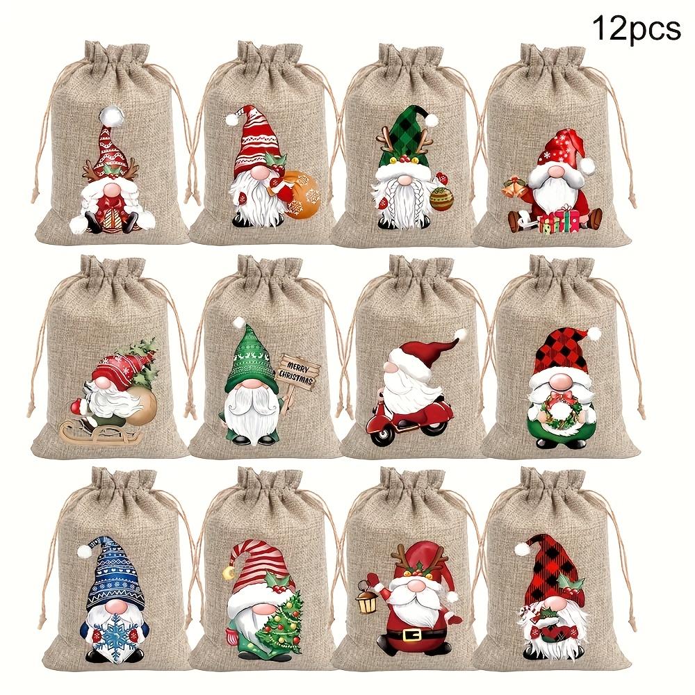 12PCS Christmas Linen Gift Bag Set, Santa Drawstring Bag, Perfect for Holiday Party Gifts and Jewelry Storage, Perfect for Christmas