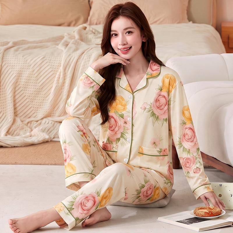 Fashion sweet printed pajamas women's spring and autumn imitation cotton long-sleeved loungewear large size comfortable mother suit