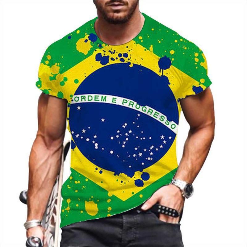 Summer Round Neck 3D Brazilian Flag Football Jersey Print Top Fashionable Casual Short Sleeved Men's T-shirts