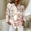Women's Christmas Printed Button Up Long Sleeved Casual Regular Shirt With Collar Top