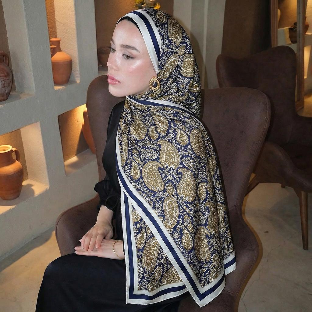 Luxury Long Silk Scarf for Women Paisley Smooth Shawls Head Wrap Hijab Outdoor Foulard Bandana Femme Beach Towel Sun-Protection