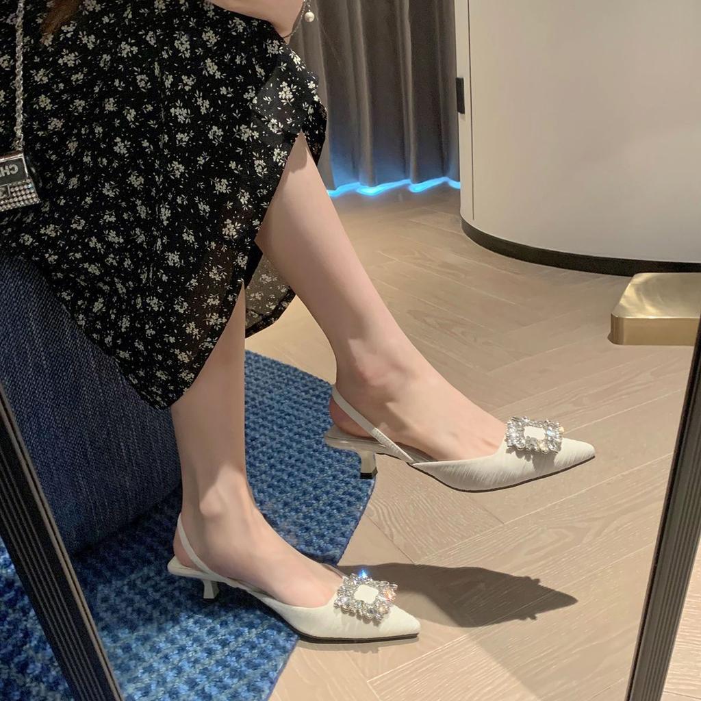 Summer New Rhinestone Square Buckle Pointed Sandals Women's Thin Heels Versatile Fairy High Heels