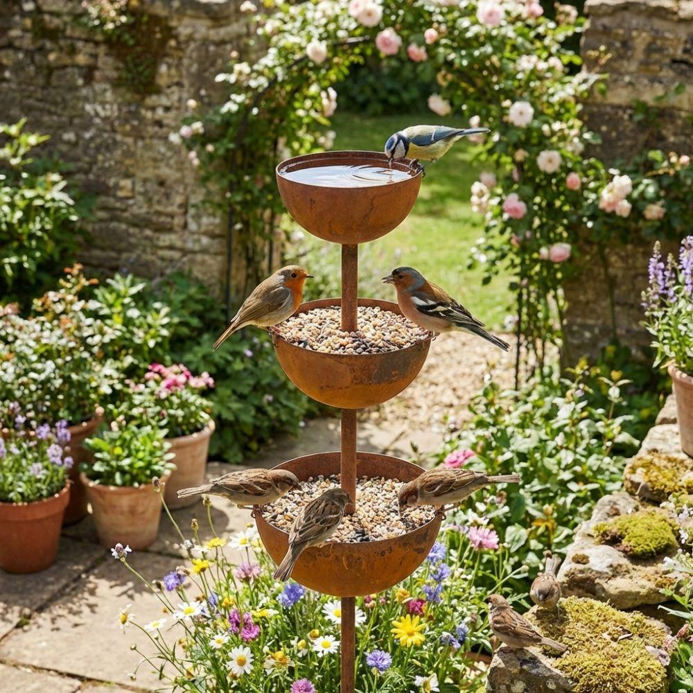 3-Tier Bowl Metal Bird Bath Rusted Bird Feeding Station Garden Rain Catcher Patio Backyard