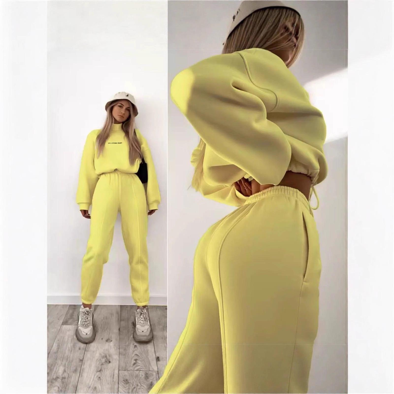 

High-End European & American Women s Printed Round Neck Hoodie Sports Set L жёлтый