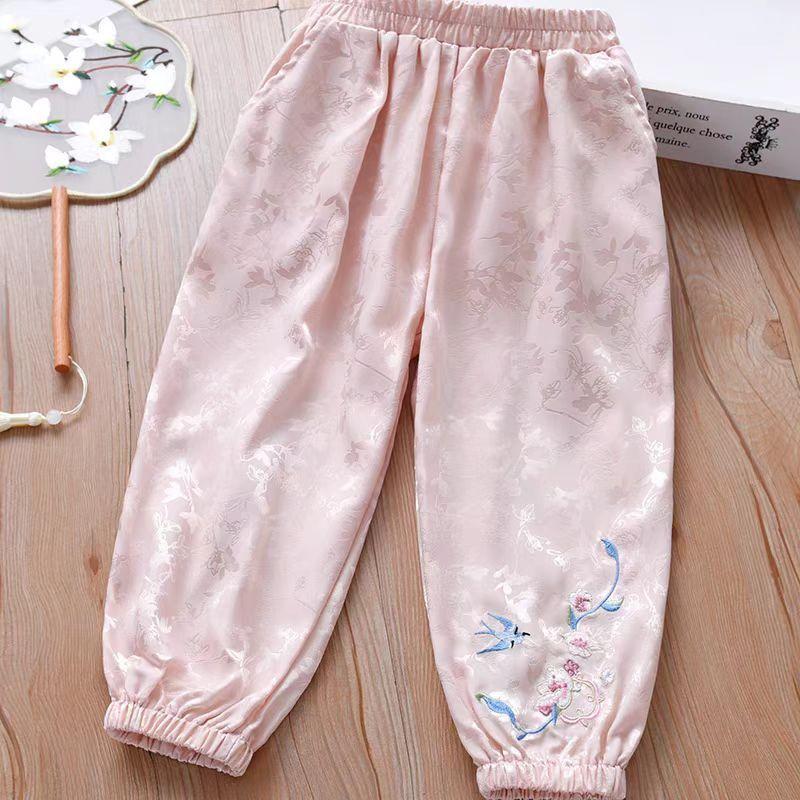 Girls' Summer Pants Fashion Chinese Style Satin Jacquard Hanging Feel Medium Sized Children's Baby Pants