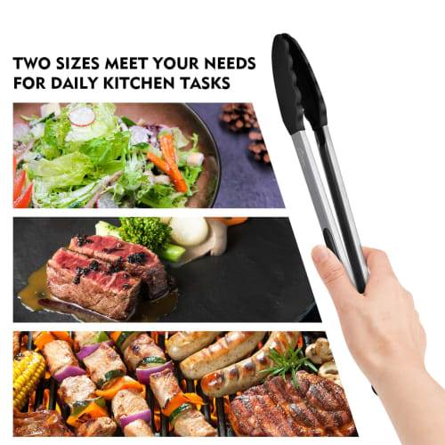 Hotec Tongs, Stainless Steel Kitchen Tongs, Silicone Tongs for BBQs and Grills, Heat-Resistant, Antibacterial, Lockable Storage, Set of 2 (Black), 23c