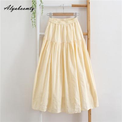 Jupe mi-longue jaune clair pour femme, taille élastique, en jacquard de coton doux, élégante et féminine, idéale pour toutes les occasions, collection printemps-été
