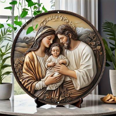 "Jesus Holy Family" Round 2D Wood Logo: Home Decoration, Simple and Stylish Toilet Door Hanging Decor, Unisex Washroom Sign for Home & Office, Outdoor