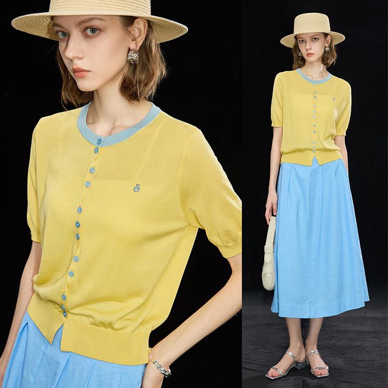 Women s French Round Neck Button Design Short Sleeve T-shirt L светло-желтого