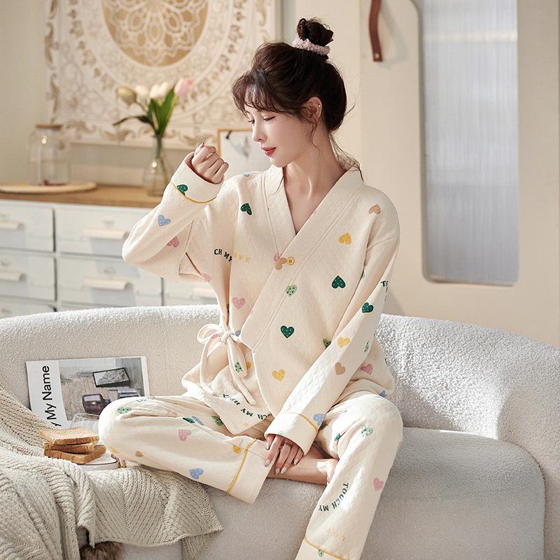 Gesteppter Langarm-Kimono-Stil Umstands- & Stillpyjama - Warmluft-Baumwoll-Cardigan Homewear