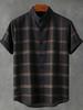Short-sleeve linen shirt with vintage ornate floral print, casual wear.