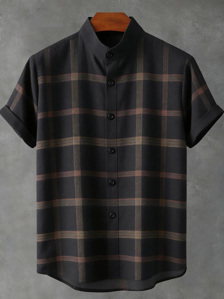 Short-sleeve linen shirt with vintage ornate floral print, casual wear.
