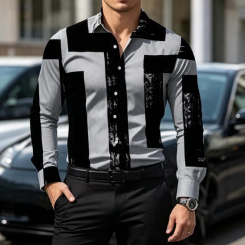 Men's Shirt Color Block Lapel Long Sleeved Shirt Abstract Geometric Print Slim Fit Shirt Light Business Daily Casual
