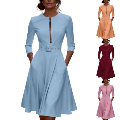 Women's Fashionable Round Neck Seven Quarter Sleeve Zipper Pocket Casual Dress With Belt