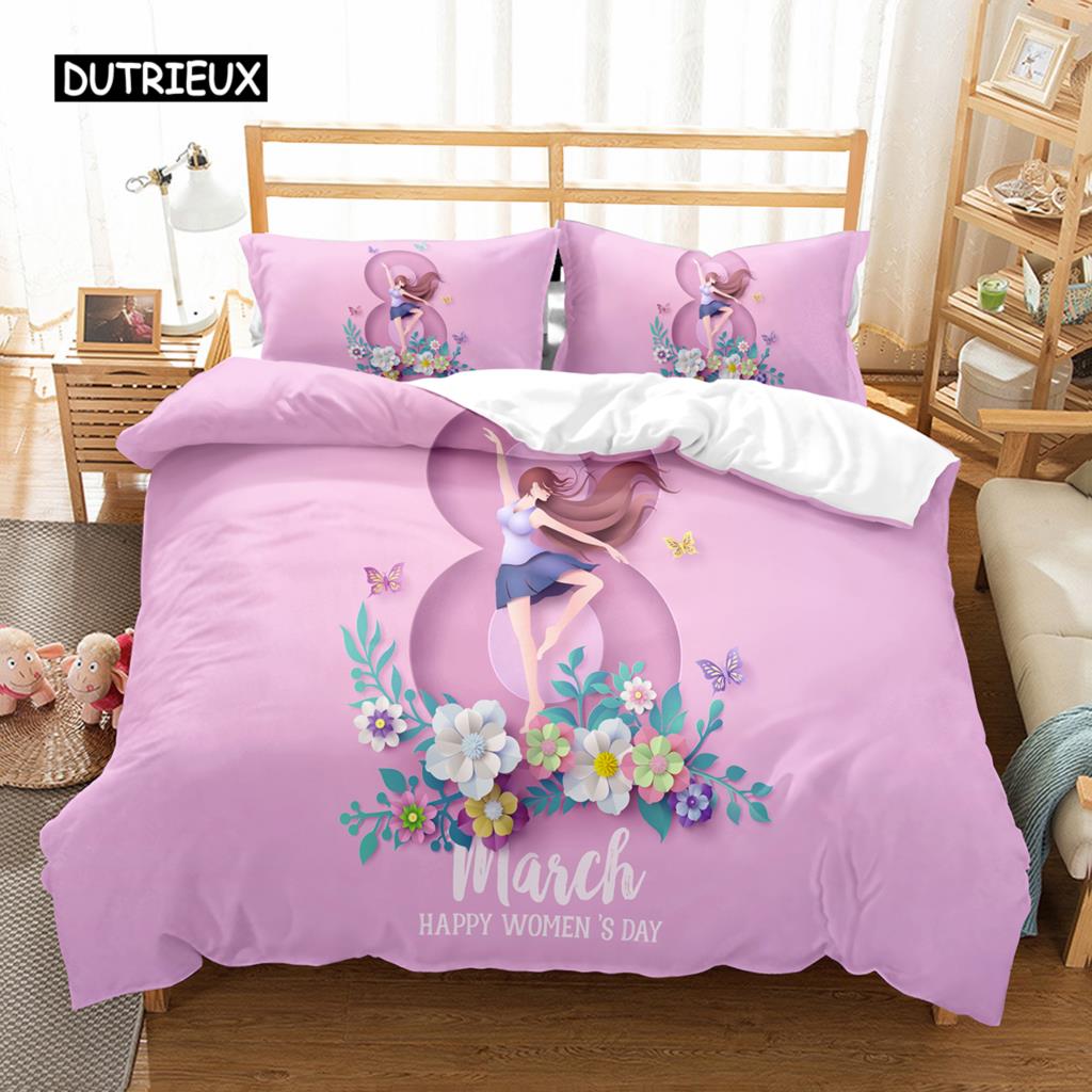 Romantisches Blumendesign Bettbezug-Set Alles Gute zum Frauentag Bettwäsche-Set Polyester 8. März Bettdeckenbezug Einzel- King-Size Für Mutter Geschenk