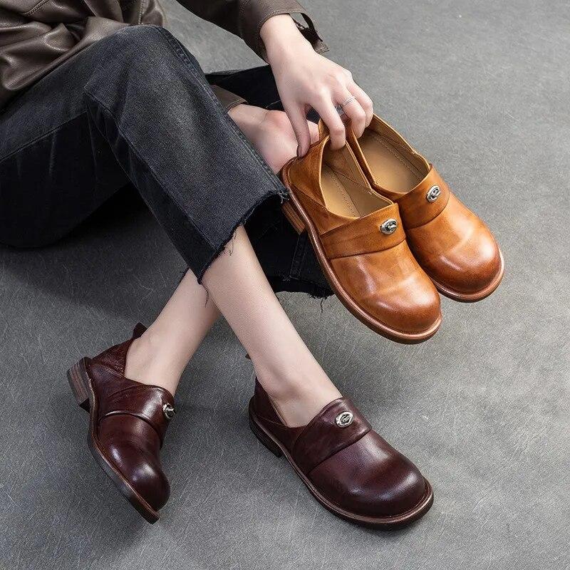 

Johnature Лоферы из натуральной кожи в британском стиле, туфли-лодочки в стиле ретро, ​​универсальная женская обувь без шнуровки с круглым носком и мелким носком