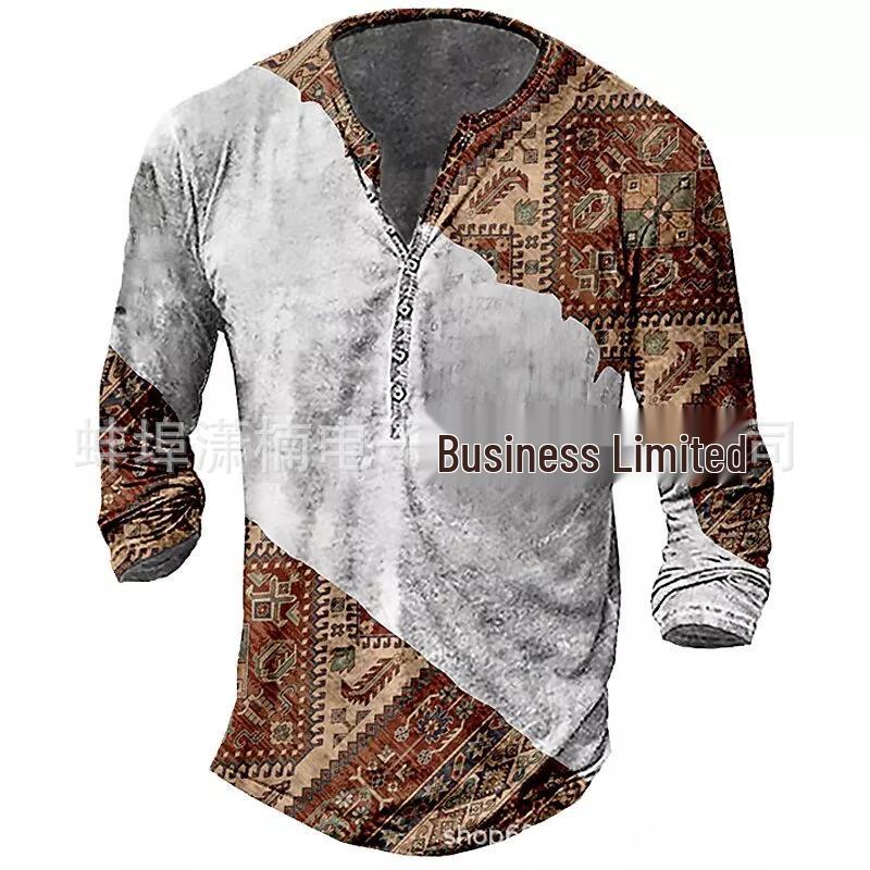 Evropské a americké slim fit plus size tičko bez límečku s potiskem, ležérní s dlouhým rukávem