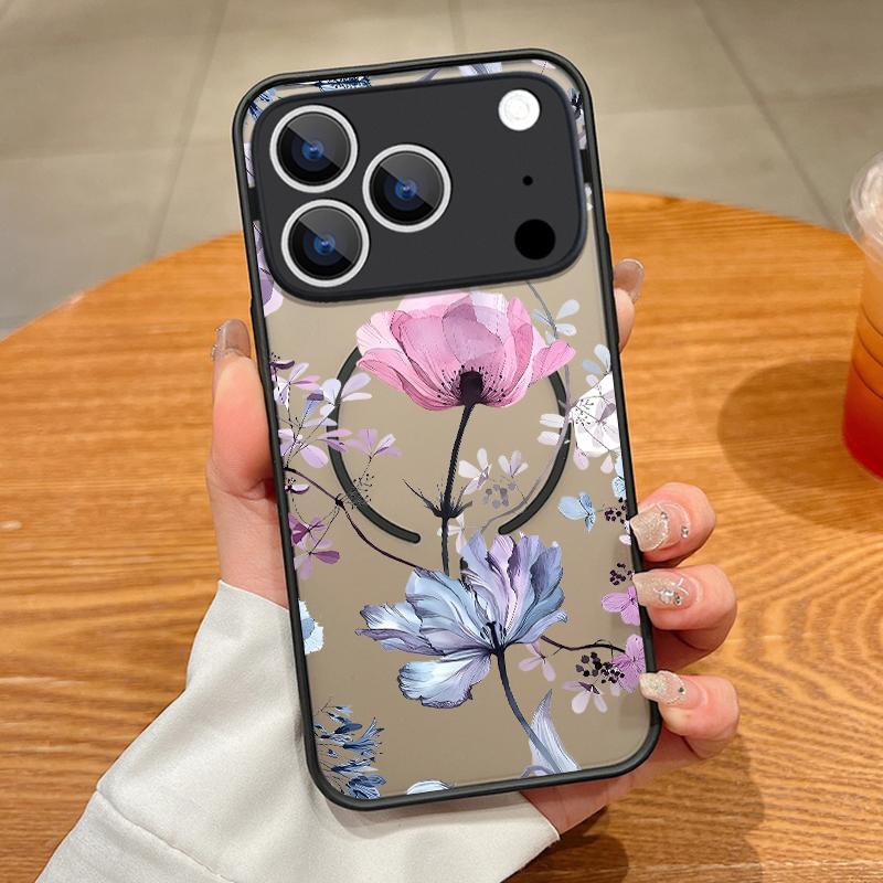 Translucent Matte Magnetic Case For iPhone 17 16 15 Pro 14 13 Pro Max 16e 17e For Magsafe Big Floral Pattern Hard PC Back Cover