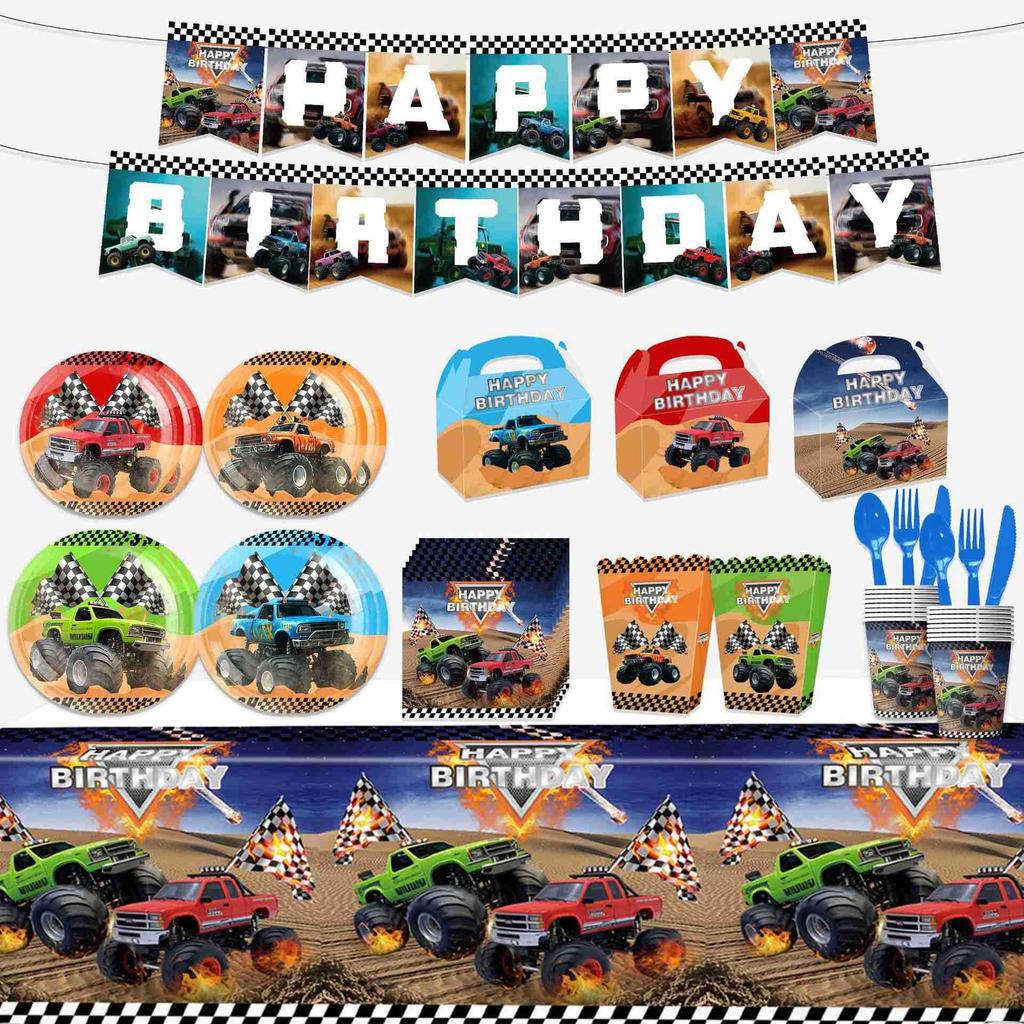 Bigfoot Monster Truck Geburtstagsparty Set: Einwegteller, Becher, Servietten, Banner, Fahnen, Tischdecke.