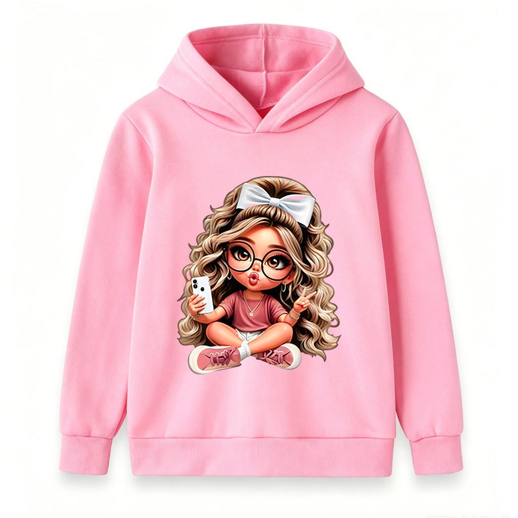 Kids Boys Girls Hooded Sweatshirt Cute Cartoon Girl Print Long Sleeve Pullover Hoodie Casual Warm Top For School Street Daily Wear For 3-12 Years Old