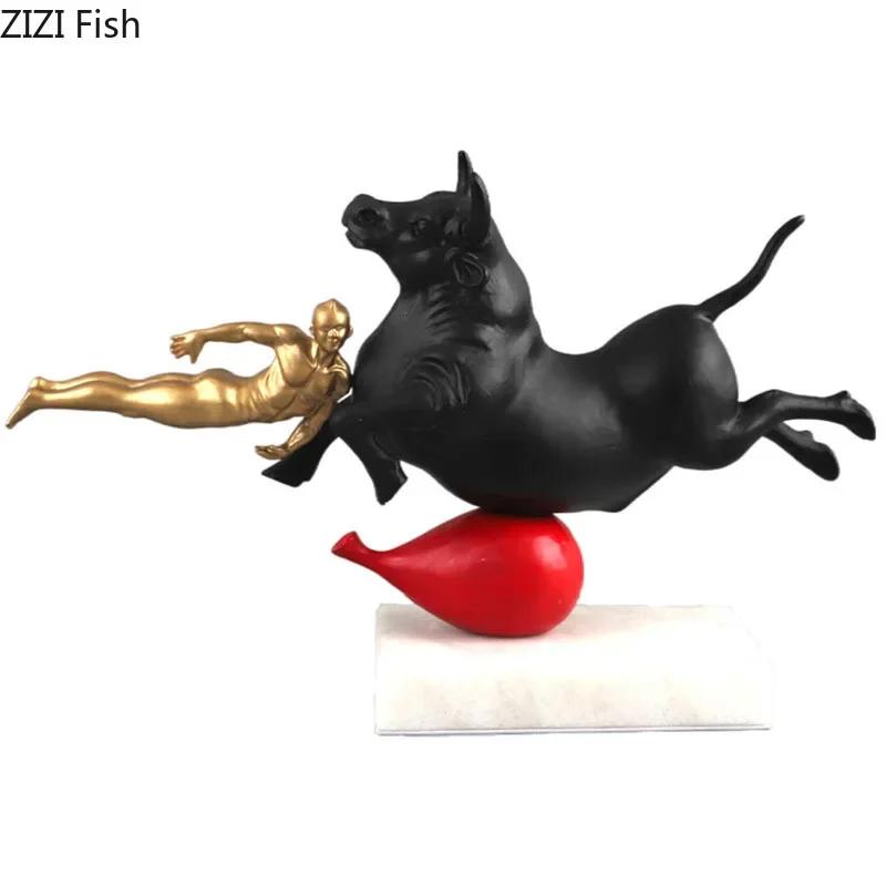 Game with Bulls Sculpture Marble Base Ornaments Modern Crafts Desk Decoration Bullfighter Abstract Artwork Room Aesthetic Decor