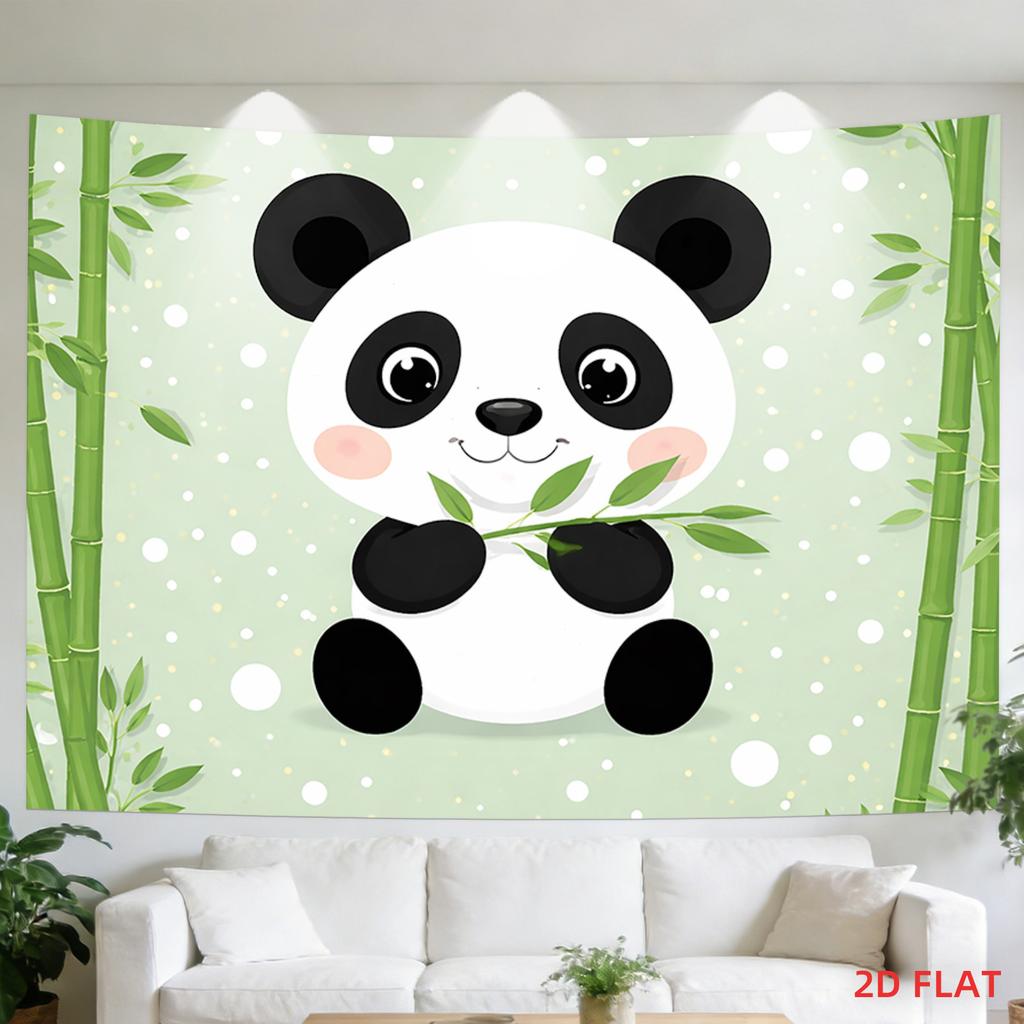 2D Flat - 2D Flat - A Large Tapestry Featuring a Cute Panda, Bamboo Leaves, And a Green Backdrop with White Dots in a Whimsical Design. Ideal for Deco