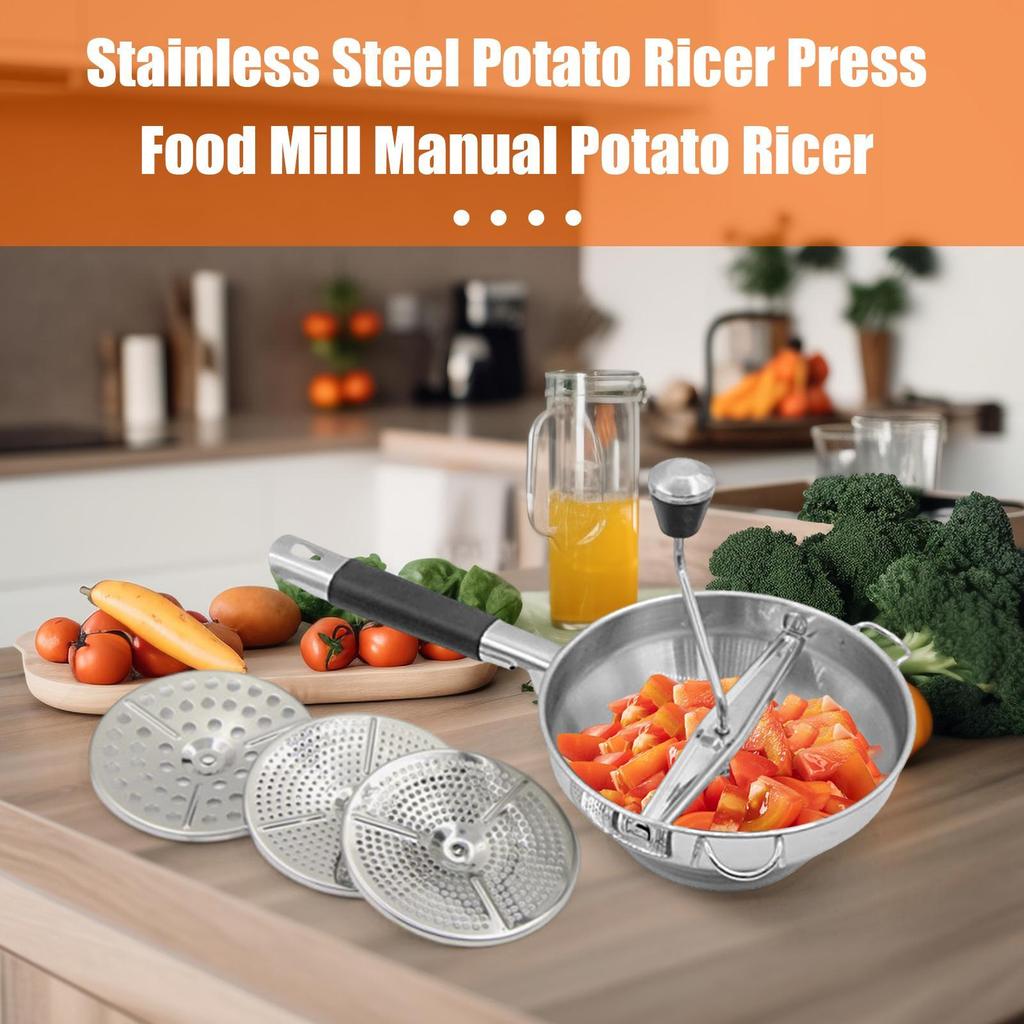 Handheld Potato Mashers Stainless Steel Vegetable Fruits Shredder with 3 Replaceable Grinding Discs Potato Garlic Mud Press