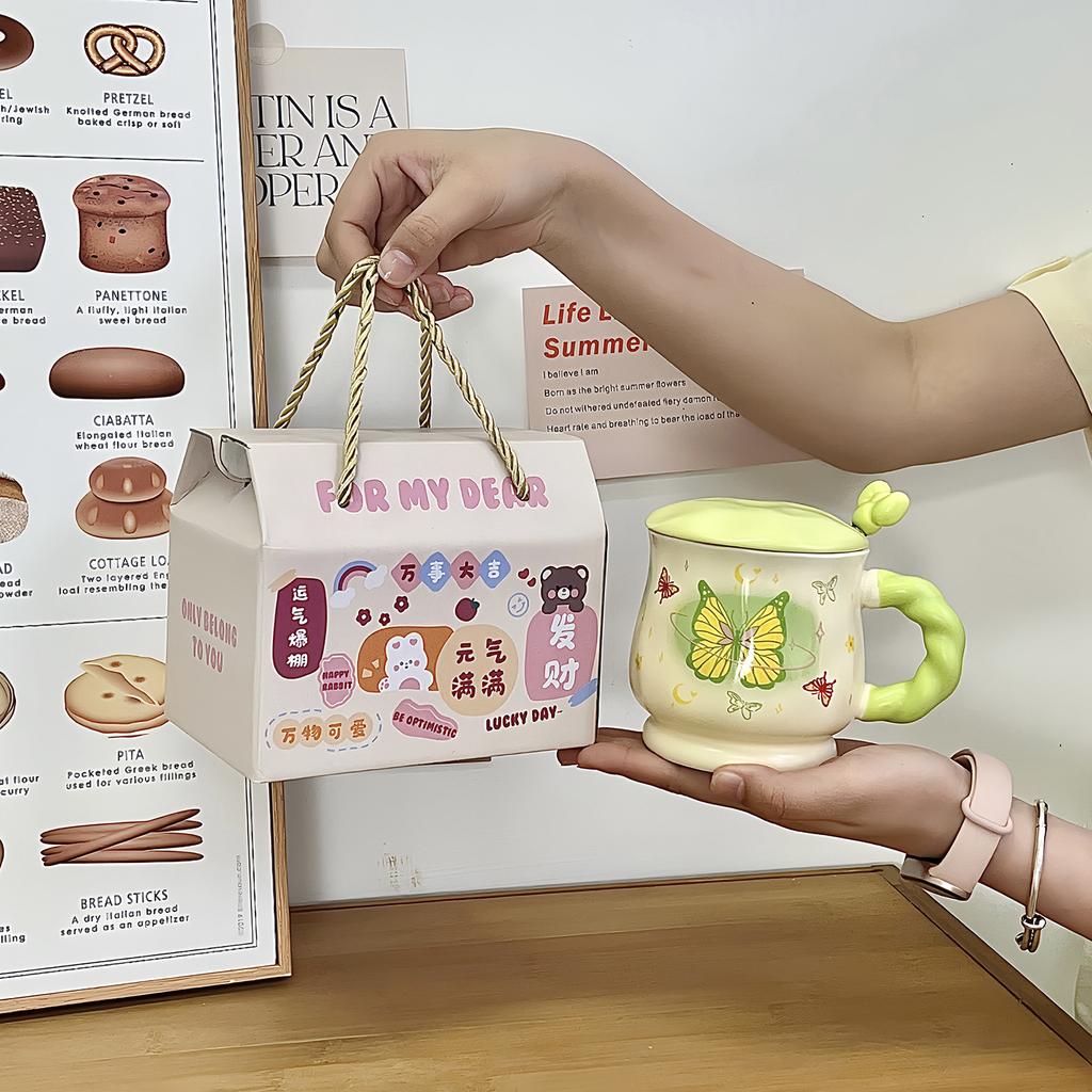 Butterfly Mug Girl Heart Ceramic Cup with Lid with Spoon High Value Water Cup Office Coffee Breakfast Cup